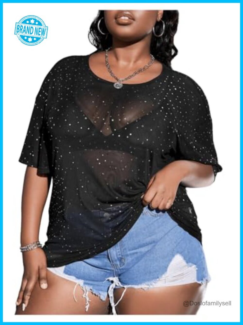 Plus Size Glitter Mesh Sequin See Through Sheer Tee Tops T Shirts Going Out